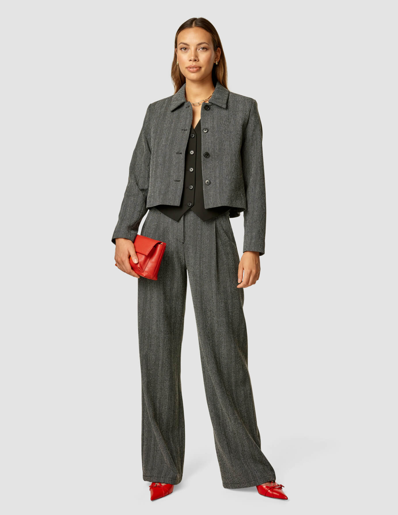 Serene Set Grey Herringbone Short Jacket & Wide Pants